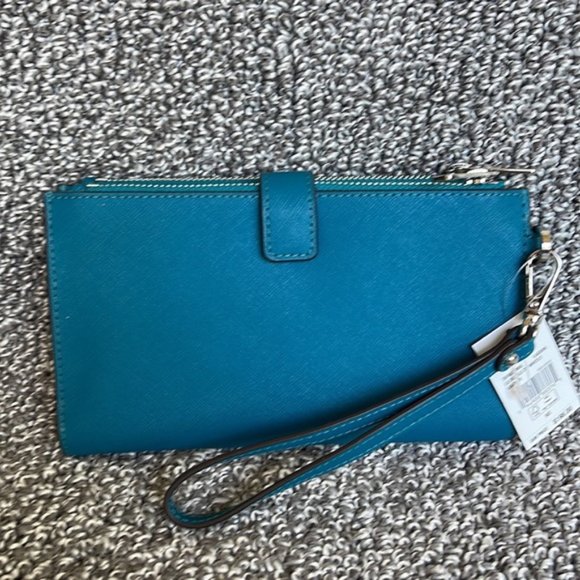 Michael Kors Large Double Zip Leather Wallet Wristlet Phone Case Lagoon - Picture 2 of 16